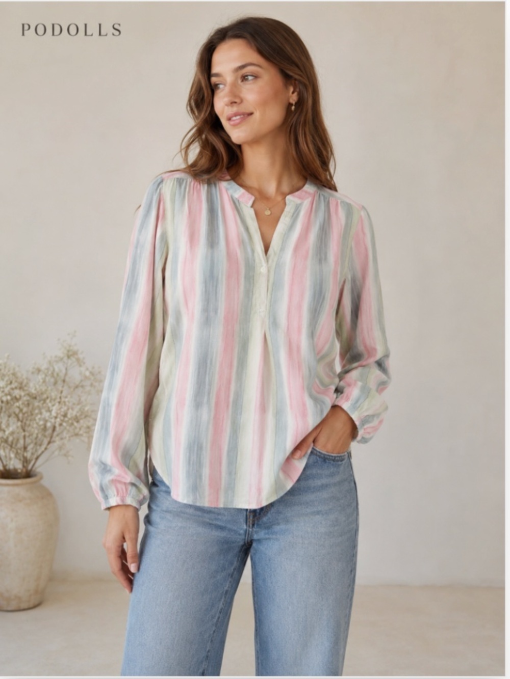 the PODOLLS Pastel Stripe Boho Lightweight Long Sleeve Blouse Size Small